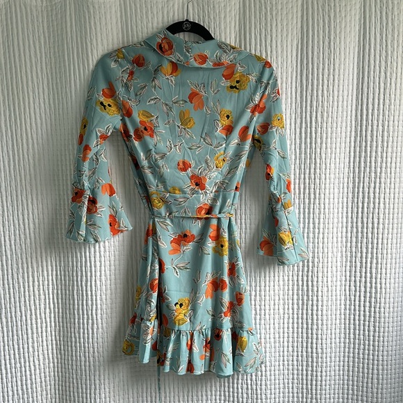 NWT Turquoise Floral Printed Frill Wrap Tea Dress - Picture 11 of 13